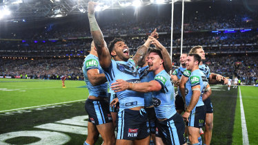 NSW celebrate their 2019 State of Origin series triumph.