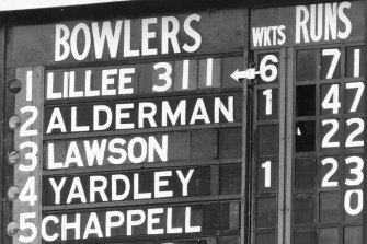 Australian cricketer Dennis  Lillee reaches a record 311 wickets taken in test matches as the MCG scoreboard attests.