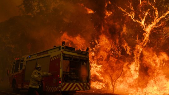 The Mount Wilson backburn, lit to contain the Gospers Mountain Fire, crossing the Bells Line of Road at Berambing.