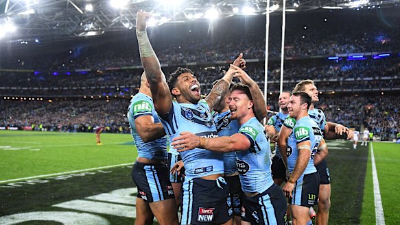 NSW celebrate their 2019 State of Origin series triumph.