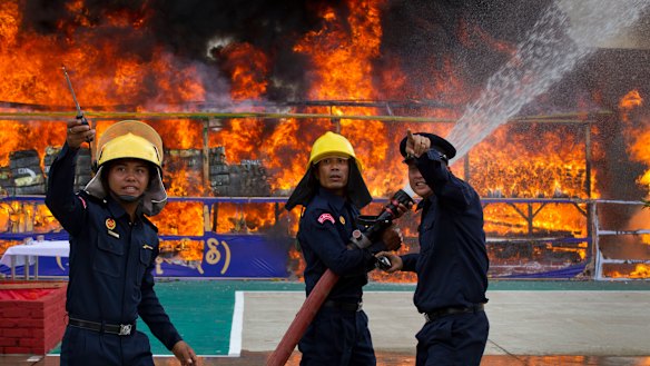 Narcotics worth more than $200 million are ceremonially set alight in Yangon, Myanmar, as seen in this file picture.