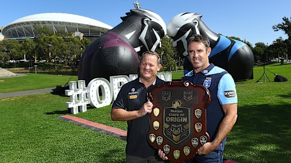 Maroons coach Kevin Walters and Blues coach Brad Fittler outside Adelaide Oval at the State of Origin series launch earlier in the year.