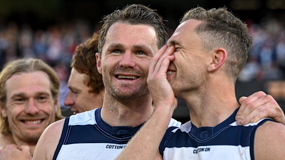 Paddy Dangerfield and Joel Selwood after the grand final.