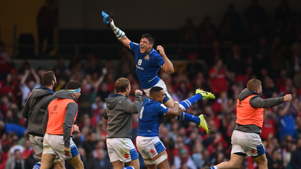 Juan Ignacio Brex is lifted high by Toa Halafihi during Italy’s one-point win over Wales earlier this year.  