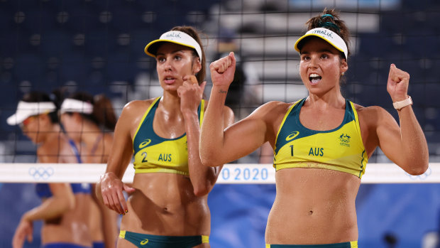 Mariafe Artacho del Solar #1 and Taliqua Clancy #2 of Team Australia react after they defeated Team China.