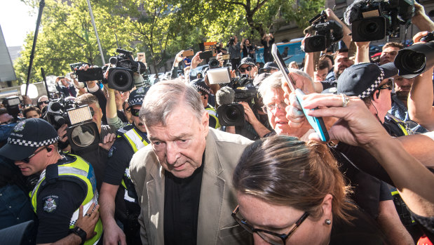 Cardinal George Pell arriving for a pre-sentencing hearing at the County Court after being found guilty of historic sexual offences.