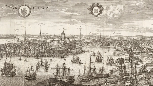 An engraving from 1693 of the Swedish capital, Stockholm, as a bustling port - in the foreground the peak of Kastellholmen next to the royal shipyards.