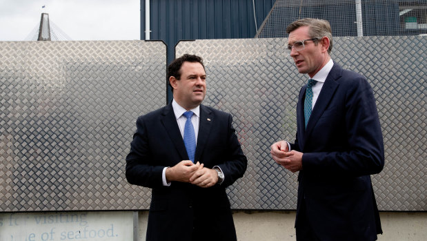 NSW Premier Dominic Perrottet and Jobs Minister Stuart Ayres in Sydney on Tuesday morning. 