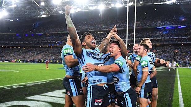 NSW celebrate their 2019 State of Origin series triumph.