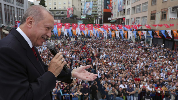 Turkey's President Recep Tayyip Erdogan addresses his supporters in his Black Sea hometown of Rize on Saturday.