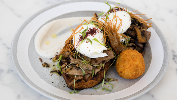 The seasonal mushrooms on toast come with dill rostis on the side. 