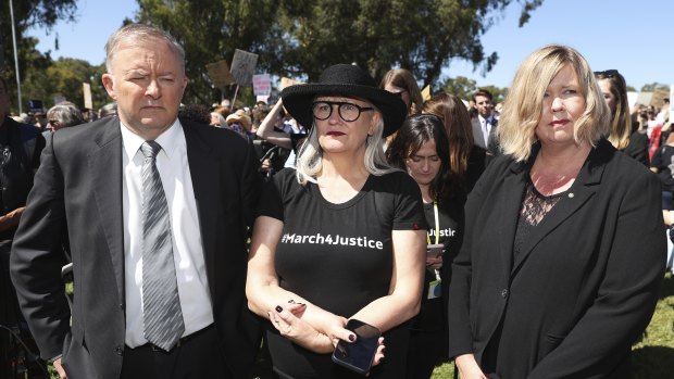 Liberal MP Bridget Archer, right, with Opposition Leader Anthony Albanese and rally organiser Janine Hendry at the March 4 Justice at Parliament House on Monday. 