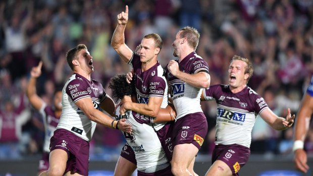 Daly Cherry-Evans celebrates his match-winning field goal against the Warriors.