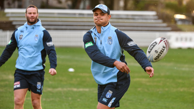 On the mend: Latrell Mitchell at Blues training on Tuesday.