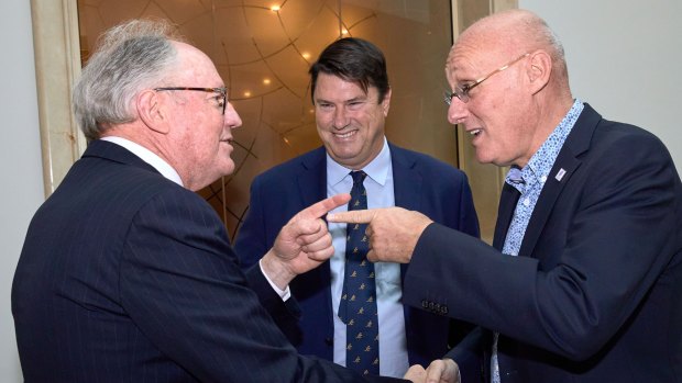 Bernard Laporte (right) with Rugby Australia chairman Hamish McLennan (centre) and World Cup bid advisory chair Sir Rod Eddington (left) last year.