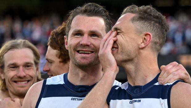 Paddy Dangerfield and Joel Selwood after the grand final.