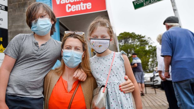 Maaike Moller, with children  Oscar and Annabel, outside the Rosebud centre on Monday.