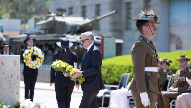 Prime Minister Anthony Albanese lays a wreath at the Australian War Memorial for Remembrance Day in Canberra.