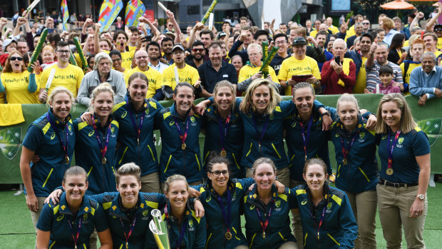 The Australian team at Federation Square after their recent World T20 triumph.
