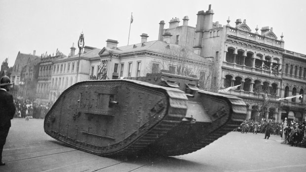 'The feelings of the crowd changed suddenly as the tank came into view. The grotesque war engine lurched and lumbered along the roadway – a grim terrifying machine.'