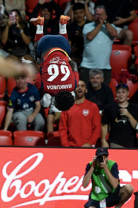 Nestory Irankunda celebrates the second of his three goals on Friday night.