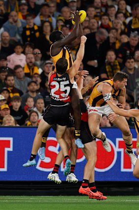 Mabior Chol takes a spectacular mark.