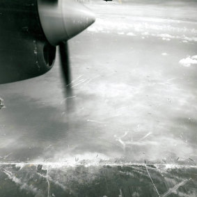 An aerial view of the June 1944 D-Day landings in Normandy, France.