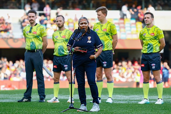 Louisa Bonner delivering a Welcome to Country at an AFL men’s game in Brisbane earlier this year.