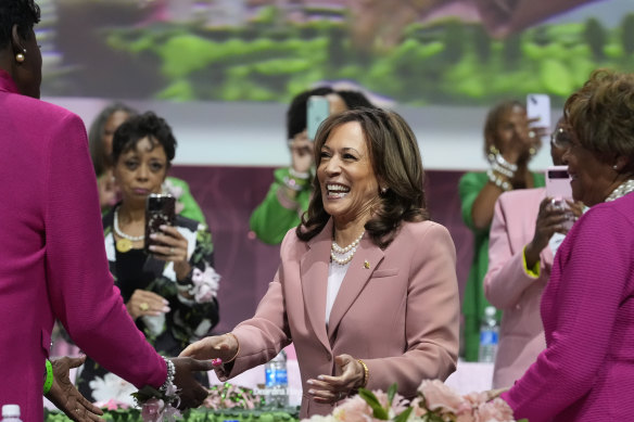 Vice President Kamala Harris speaks at a meeting of her old sorority, Alpha Kappa Alpha at Howard University.