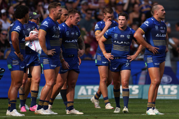 Mitchell Moses with his Eels teammates earlier in the year.