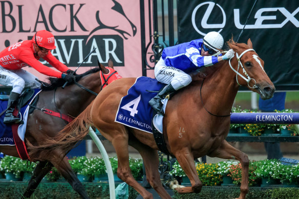 Gytrash wins the Lightning Stakes at Flemington in February.