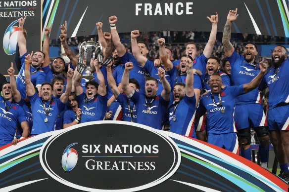 France celebrate their Six Nations triumph earlier this year. 