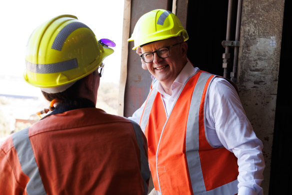 Prime Minister Anthony Albanese speaking to workers at the Whyalla steelworks in South Australia on Thursday.