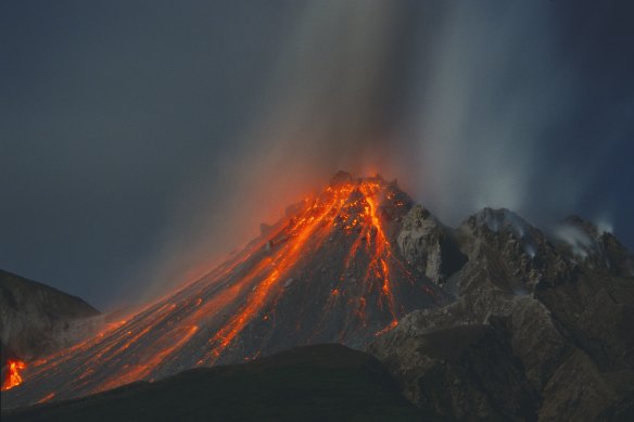 Lava flows from the volcanic eruption of the Soufriere Hills.