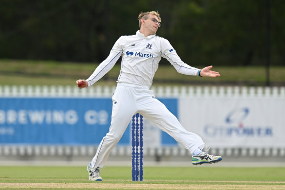 Victoria’s Todd Muprhy sends one down against Tasmania in March.