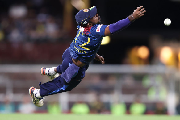 Sri Lanka’s Charith Asalanka dives for the ball during game two in the T20 series at the Sydney Cricket Ground earlier this month.