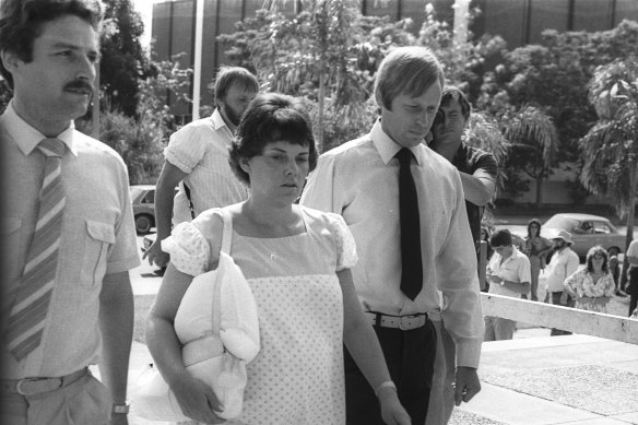 The Chamberlains arriving at Darwin Court with their solicitor, Stuart Tipple, in 1982.
