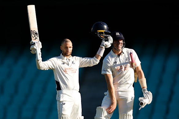 Peter Handscomb reaches triple figures. 