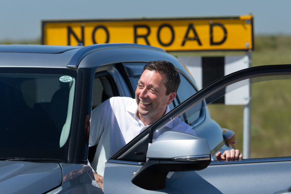 Matthew Guy in Manor Lakes in Melbourne’s west on Monday.