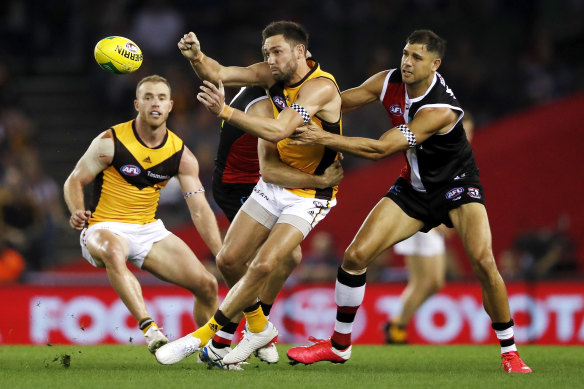 Jack Gunston is tackled during round seven of the 2021 season. 