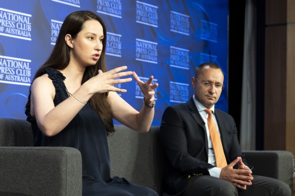 Co-chair of the Australian Federation of Ukrainian Organisations Kateryna Argyrou and Ukraine’s ambassador to Australia Vasyl Myroshnychenko urged Canberra to scale up its aid to Ukraine  during an address to the National Press Club on Wednesday.
