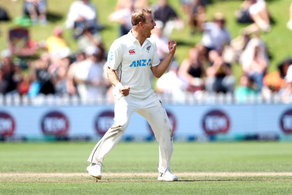 Neil Wagner of New Zealand celebrates his wicket of Joe Root during day five of the second Test match between New Zealand and England at Basin Reserve. 
