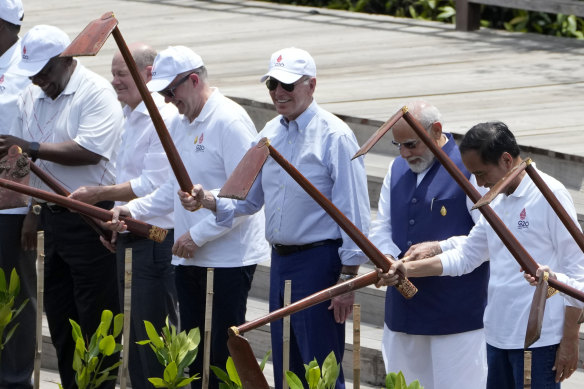 From left to right, South African President Cyril Ramaphosa, German Chancellor Olaf Scholz, Australian Prime Minister Anthony Albanese, U.S. President Joe Biden, Indian Prime Minister Narendra Modi and Indonesian President Joko Widodo participate in a mangrove planting event at Ngurah Rai Forest Park.