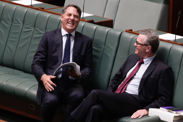 Richard Marles (left) and Christopher Pyne in the House of Representatives in 2019.