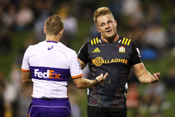 Chiefs captain Sam Cane pleads with a referee.