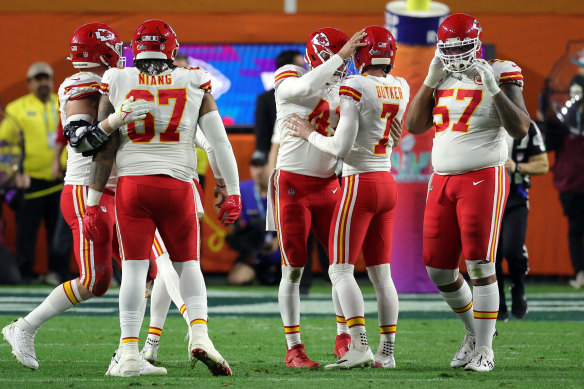 Harrison Butker and teammates celebrate. 