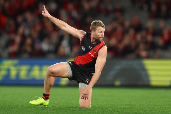 Jake Stringer celebrates after kicking a goal.