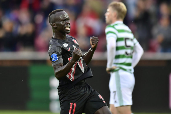 Australia’s Awer Mabil celebrates his 61st-minute goal for Midtjylland against Celtic.