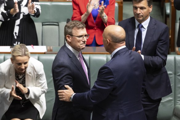 Alan Tudge in parliament alongside Opposition Leader Peter Dutton moments after quitting politics.