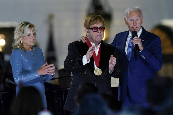 First lady Jill Biden and President Joe Biden after presenting Elton John with the National Humanities Medal.